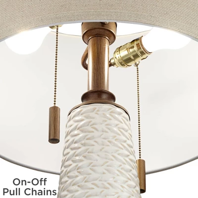 Possini Euro Design Kingston Modern Mid Century Table Lamp 32 3/4" Tall White Grooved Patterned Ceramic Taupe Drum Shade For Bedroom Living Room House 4 Possini Euro Design Kingston Modern Mid Century Table Lamp 32 3/4" Tall White Grooved Patterned Ceramic Taupe Drum Shade For Bedroom Living Room House - Image 4