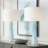 Possini Euro Design Modern Table Lamps 28.5" Tall Set Of 2 Light Sky Blue Fluted Glass White Drum Shade For Living Room Bedroom Office Family
