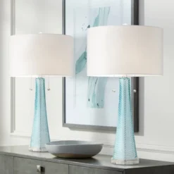 Possini Euro Design Sales Store 25 Possini Euro Design Modern Table Lamps 28.5" Tall Set Of 2 Light Sky Blue Fluted Glass White Drum Shade For Living Room Bedroom Office Family