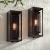 Possini Euro Design Rustic Industrial Farmhouse Outdoor Wall Light Fixtures Set Of 2 Bronze 15 1/2" Clear Glass For Exterior Barn Deck House Porch