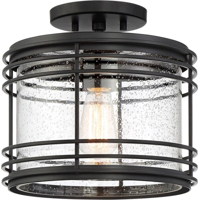Possini Euro Design Modern Semi Flush Mount Outdoor Ceiling Light Fixture Black Geometric 11" Clear Seedy Glass For Exterior House Porch Patio Deck 5 Possini Euro Design Modern Semi Flush Mount Outdoor Ceiling Light Fixture Black Geometric 11" Clear Seedy Glass For Exterior House Porch Patio Deck - Image 5