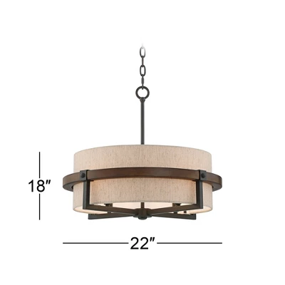 Possini Euro Design Bronze Wood Finish Pendant Chandelier 22" Wide Rustic Farmhouse Tan Fabric Drum 4-Light Fixture For Dining Room House 6 Possini Euro Design Bronze Wood Finish Pendant Chandelier 22" Wide Rustic Farmhouse Tan Fabric Drum 4-Light Fixture For Dining Room House - Image 6
