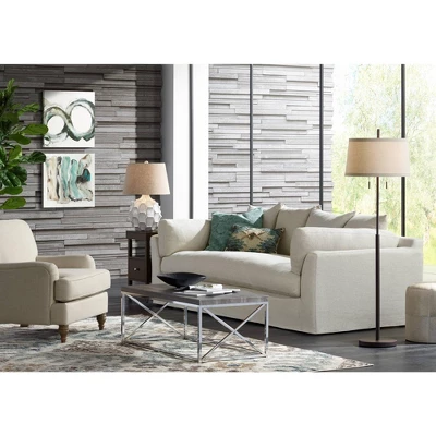 Possini Euro Design Cosgrove Modern Mid Century Table Lamp 26 1/2" High White Glazed Ceramic Light Brown Linen Drum Shade For Bedroom Living Room Home 8 Possini Euro Design Cosgrove Modern Mid Century Table Lamp 26 1/2" High White Glazed Ceramic Light Brown Linen Drum Shade For Bedroom Living Room Home - Image 8